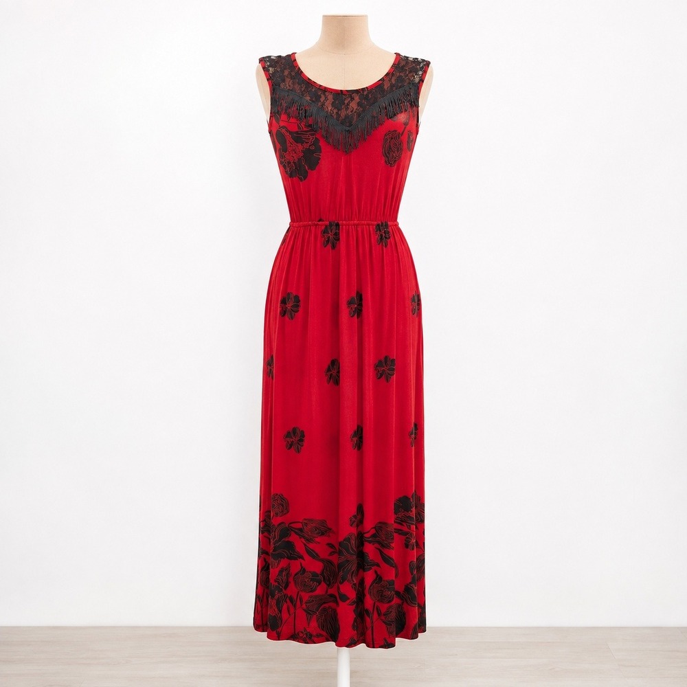 Floral Silk Sleeveless Maxi Dress Size L Red Black V Neck Statement Sexy Gothic